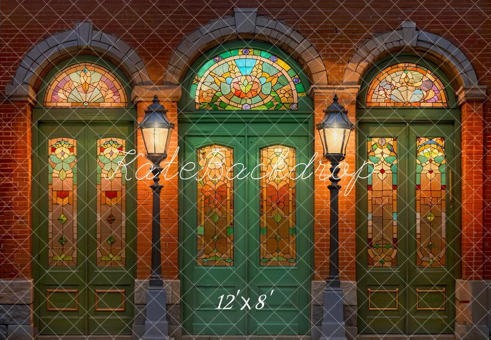 Kate Retro Green Door Stained Glass Window Street Backdrop Designed by Emetselch