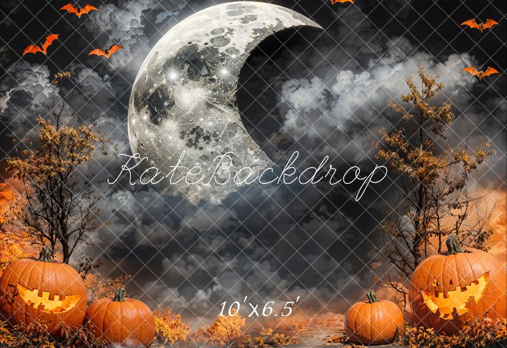 Kate Halloween Crescent Moon Dark Cloud Pumpkin Lanterns Backdrop Designed by Emetselch