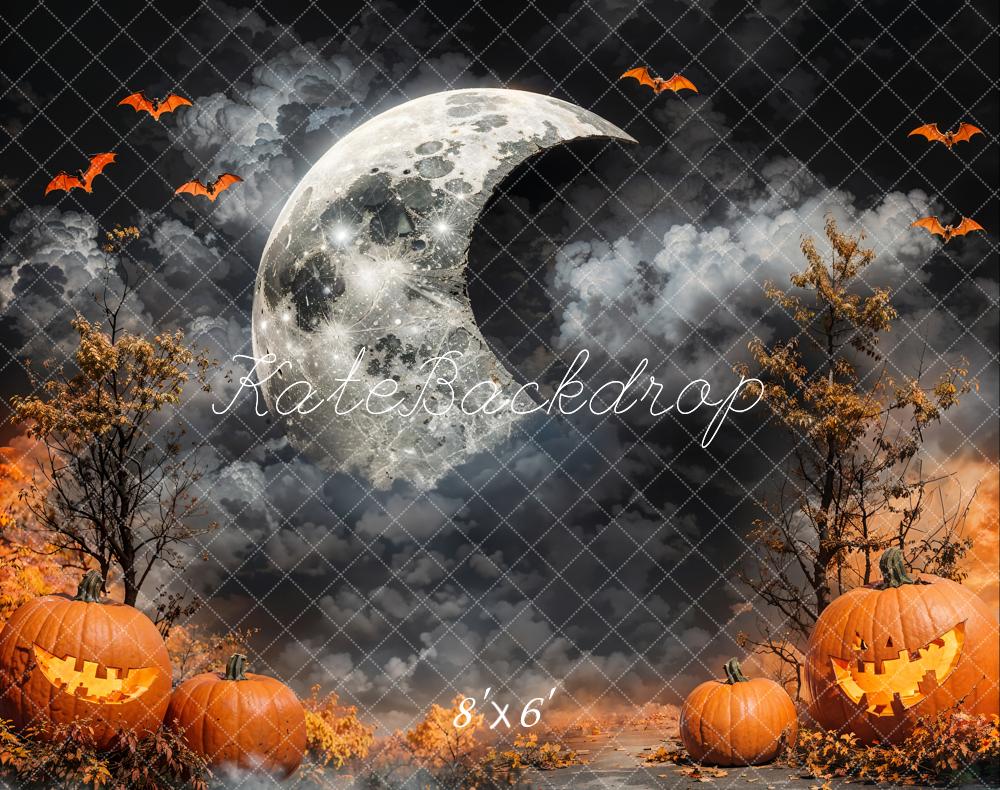 Kate Halloween Crescent Moon Dark Cloud Pumpkin Lanterns Backdrop Designed by Emetselch