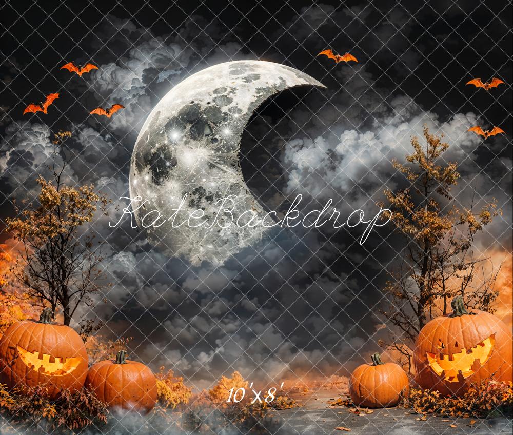 Kate Halloween Crescent Moon Dark Cloud Pumpkin Lanterns Backdrop Designed by Emetselch