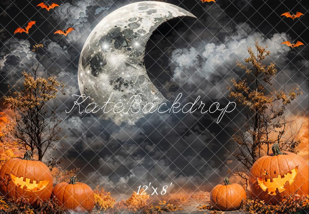 Kate Halloween Crescent Moon Dark Cloud Pumpkin Lanterns Backdrop Designed by Emetselch