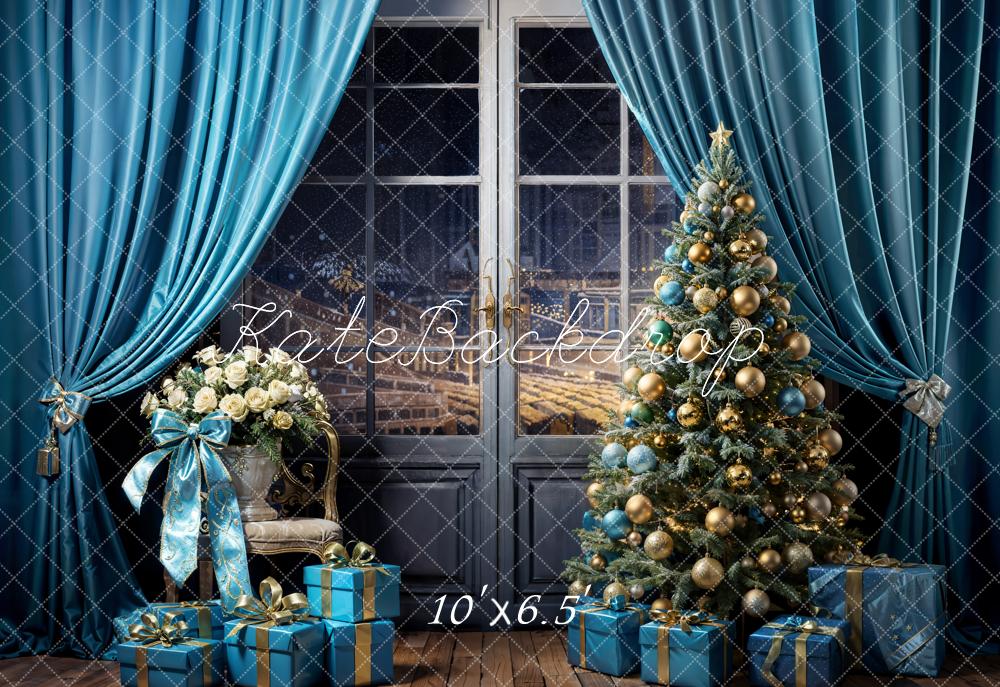 Kate Christmas Tree Sky Blue Curtains Gift Box Backdrop Designed by Emetselch