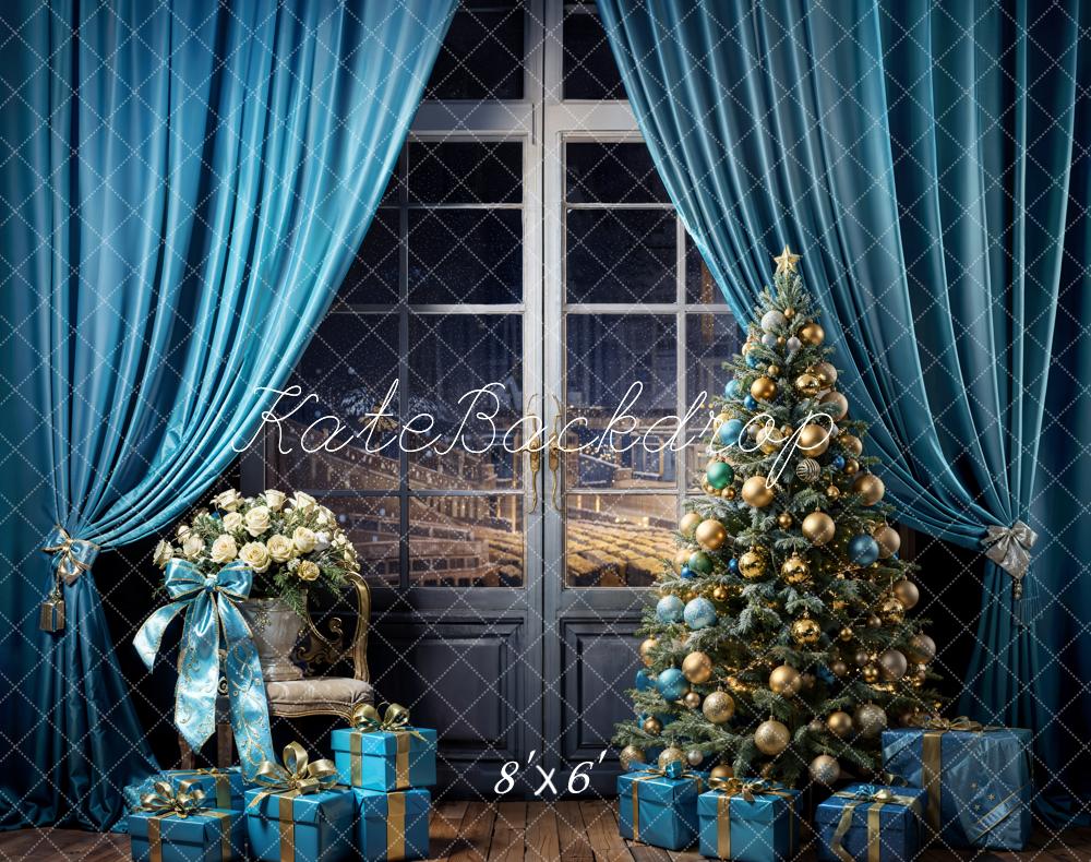 Kate Christmas Tree Sky Blue Curtains Gift Box Backdrop Designed by Emetselch