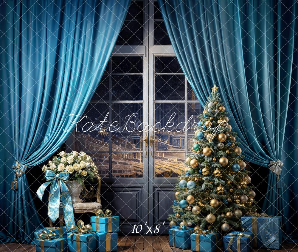 Kate Christmas Tree Sky Blue Curtains Gift Box Backdrop Designed by Emetselch