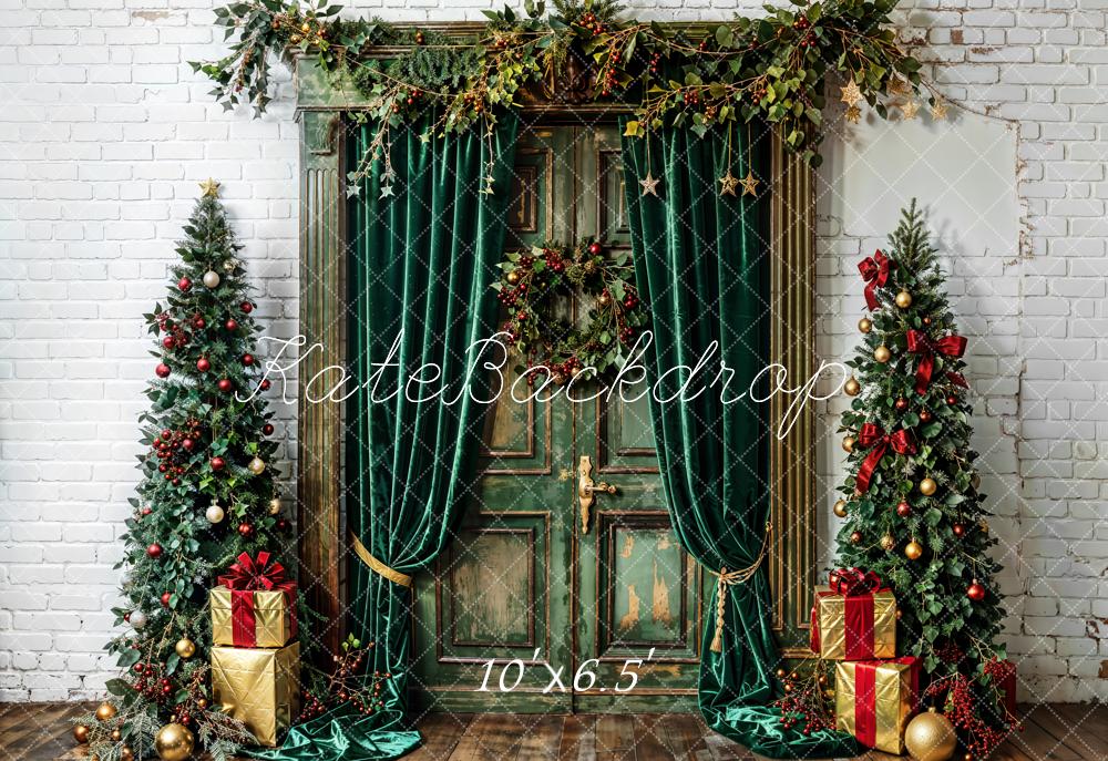 Kate Christmas Tree Green Curtains Vintage Door White Wall Backdrop Designed by Emetselch