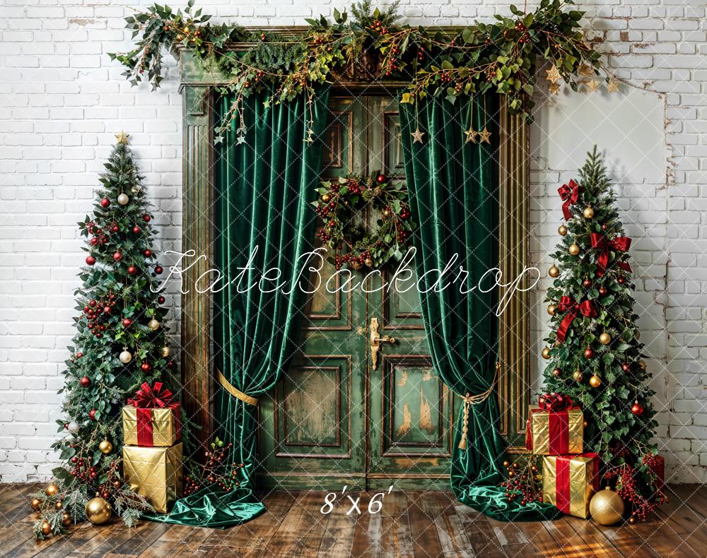 Kate Christmas Tree Green Curtains Vintage Door White Wall Backdrop Designed by Emetselch