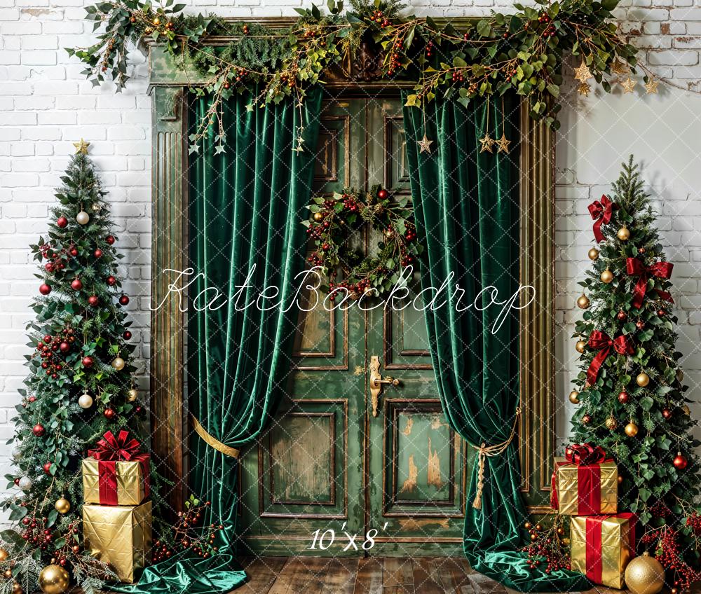 Kate Christmas Tree Green Curtains Vintage Door White Wall Backdrop Designed by Emetselch