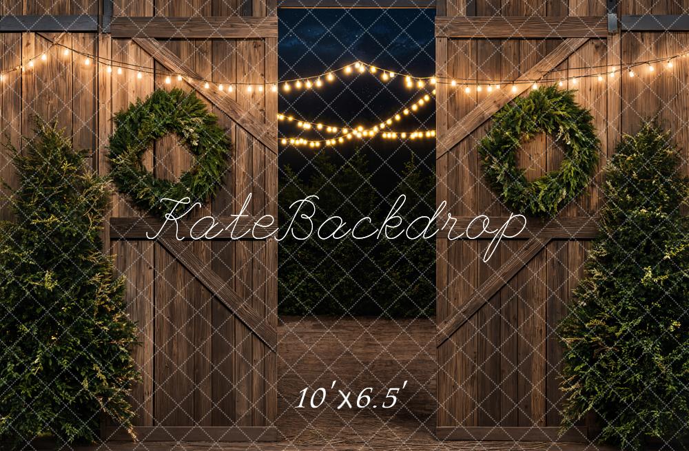 Kate Christmas Tree Barn Brown Wood Door Backdrop Designed by Emetselch