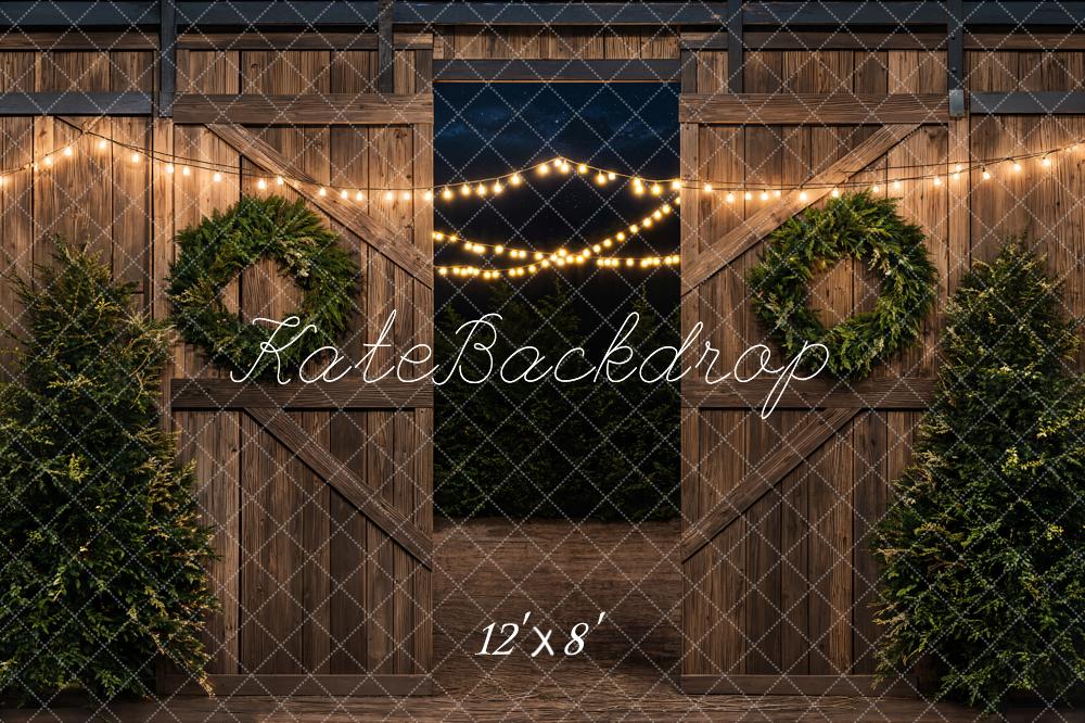 Kate Christmas Tree Barn Brown Wood Door Backdrop Designed by Emetselch