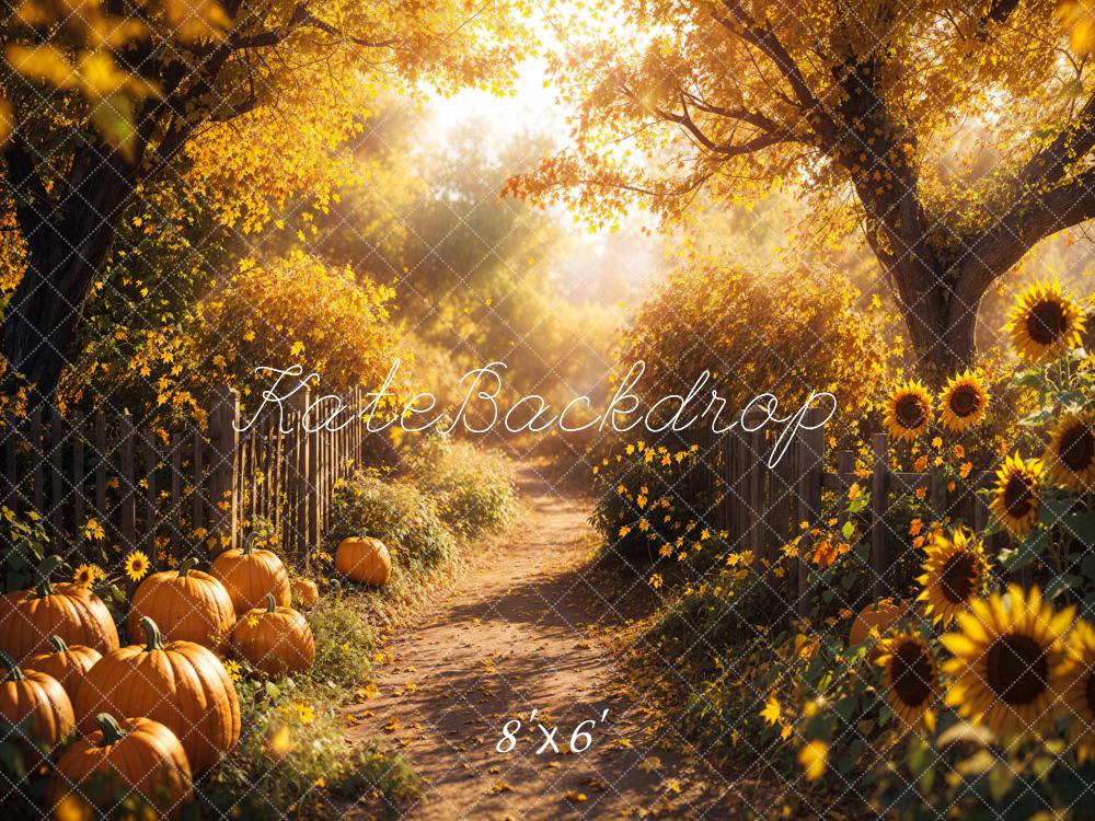 Kate Fall Maple Tree Road Sunflowers Pumpkins Backdrop Designed by Emetselch