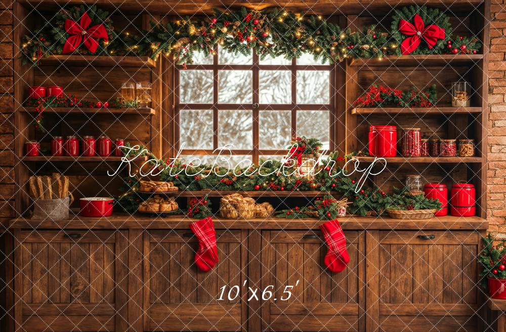 Kate Christmas Kitchen Brown Wooden Cabinets Red Stocking Backdrop Designed by Emetselch