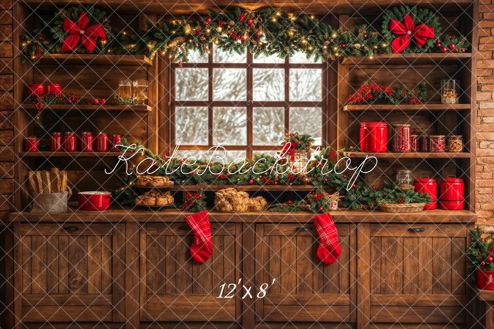 Cocina Navideña de Brown Wooden Cabinets Red Stocking Backdrop Designed by Emetselch