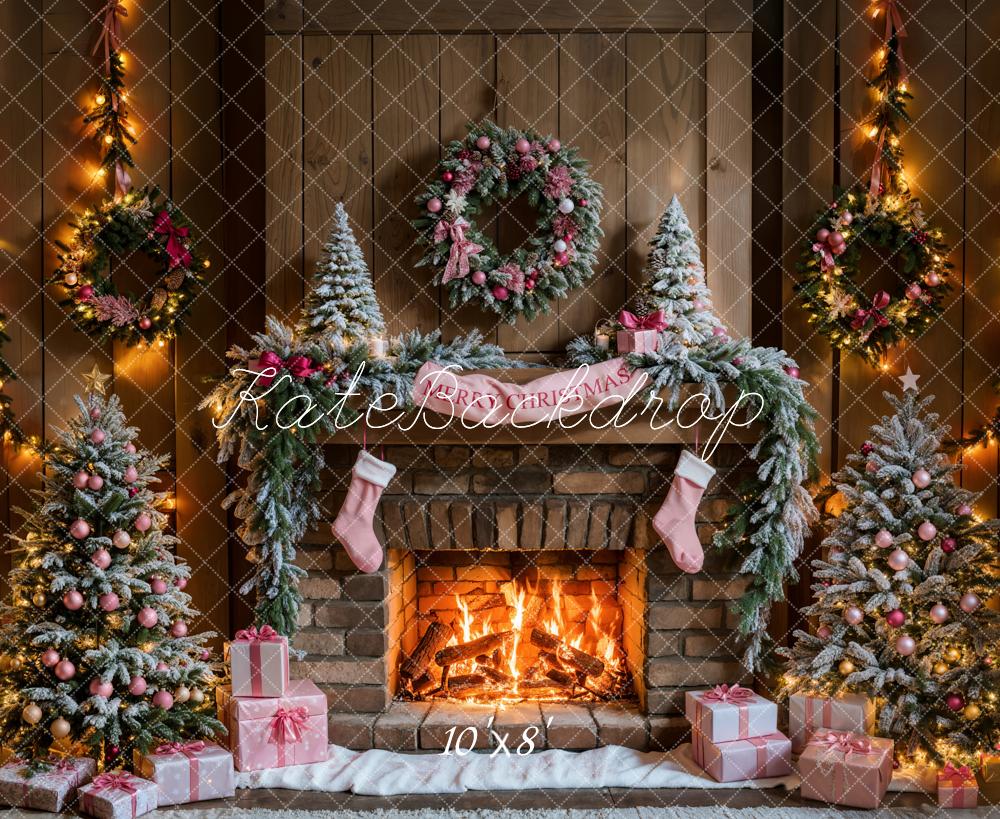 Kate Christmas Tree Fireplace Pink Gift Box Wooden Wall Backdrop Designed by Emetselch