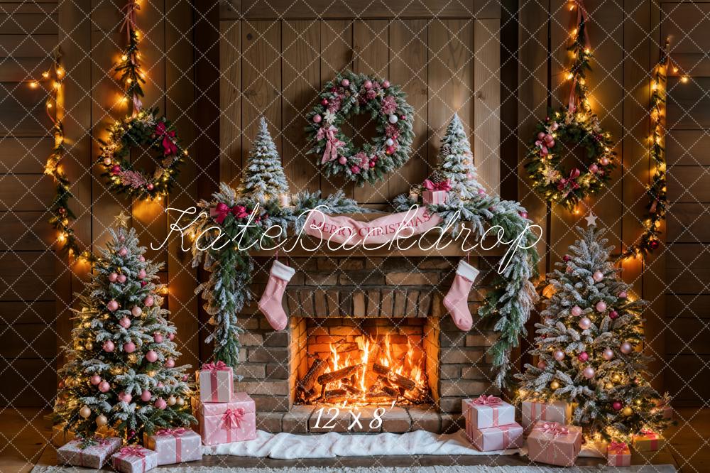 Kate Christmas Tree Fireplace Pink Gift Box Wooden Wall Backdrop Designed by Emetselch