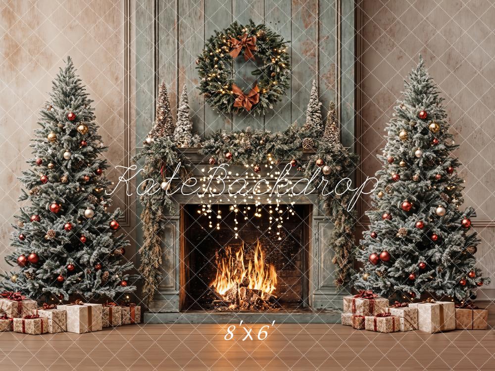 Kate Christmas Tree Vintage Fireplace Khaki Walls Backdrop Designed by Emetselch