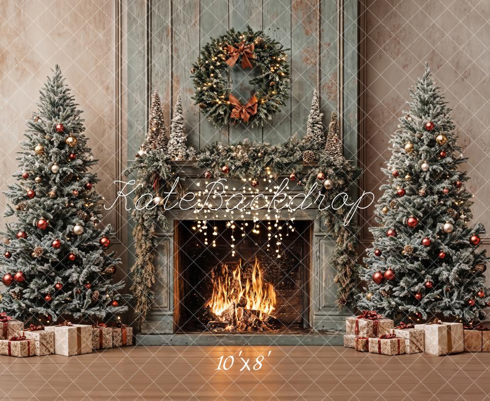 Kate Christmas Tree Vintage Fireplace Khaki Walls Backdrop Designed by Emetselch