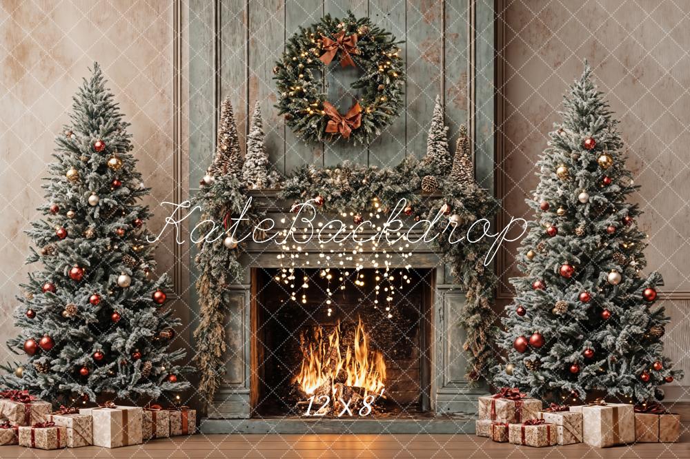 Kate Christmas Tree Vintage Fireplace Khaki Walls Backdrop Designed by Emetselch