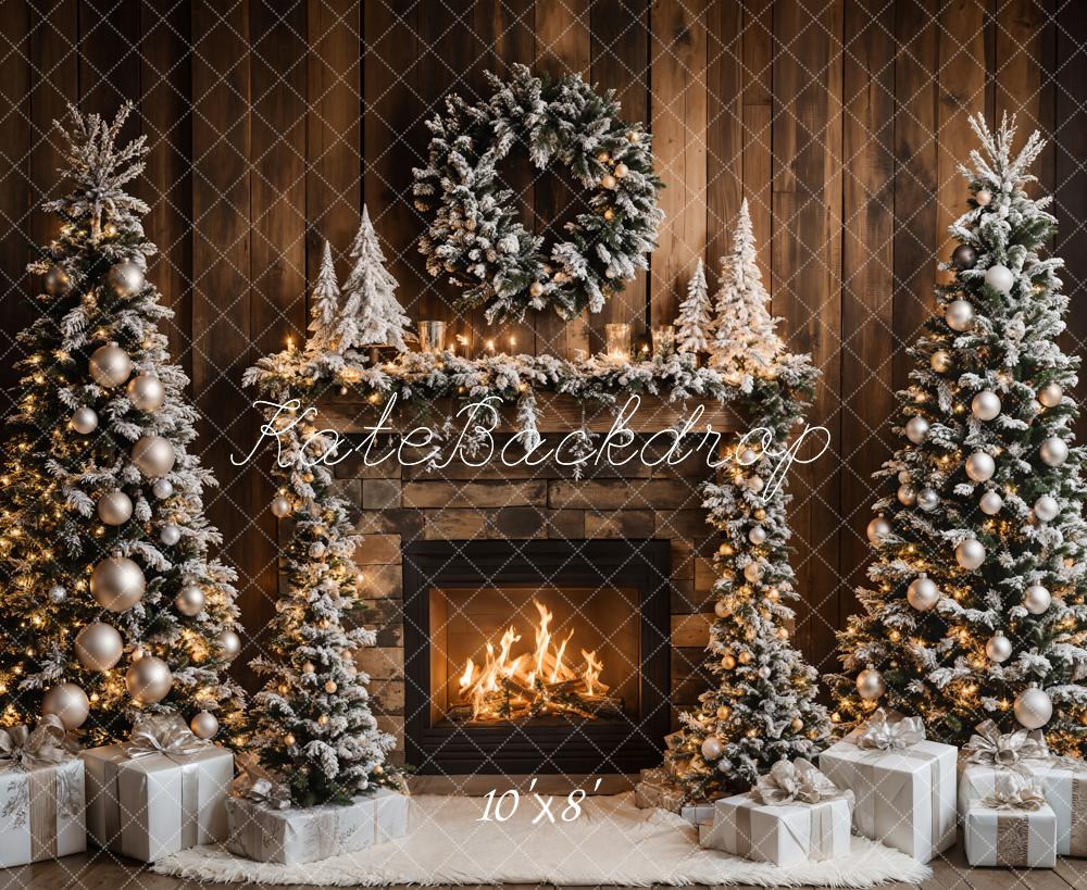 Fondo de Madera de Pared de Chimenea de Árbol de Navidad