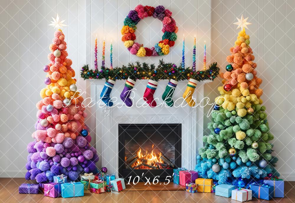 Kate Colorful Christmas Trees Fireplace Backdrop Designed by Emetselch