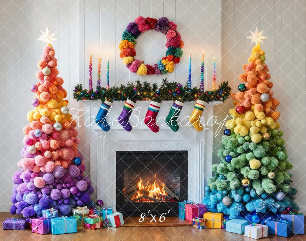 Kate Colorful Christmas Trees Fireplace Backdrop Designed by Emetselch