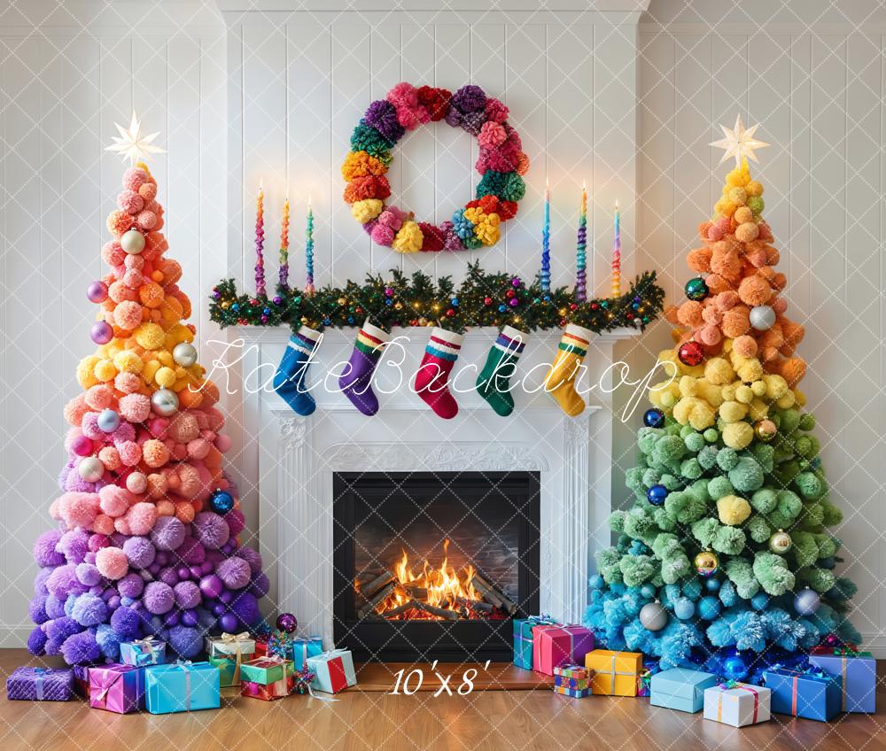 Kate Colorful Christmas Trees Fireplace Backdrop Designed by Emetselch