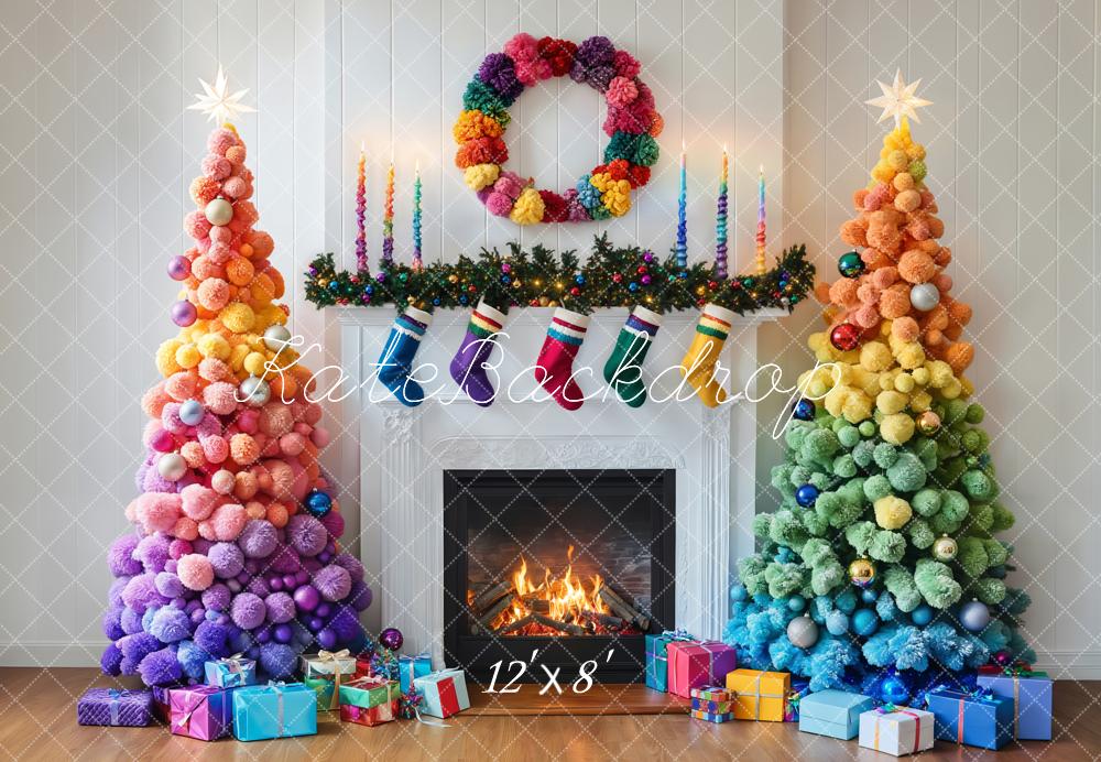 Kate Colorful Christmas Trees Fireplace Backdrop Designed by Emetselch