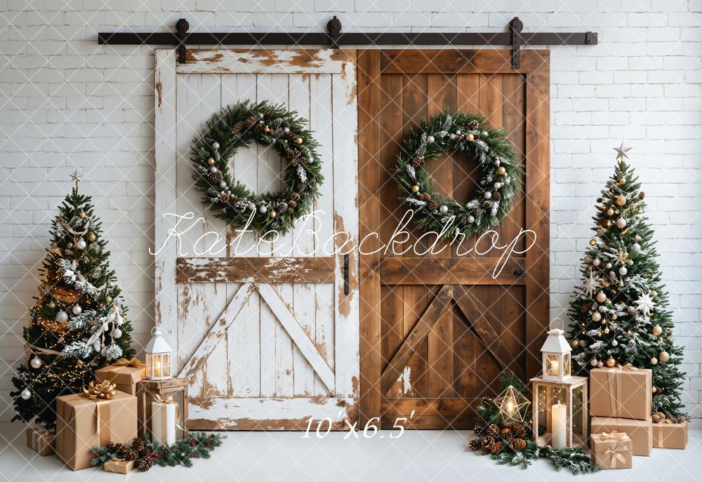 Kate Christmas White Brown Wood Door Backdrop Designed by Emetselch