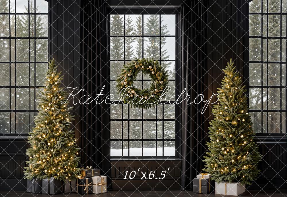 Kate Christmas Trees Retro Black Window Backdrop Designed by Emetselch