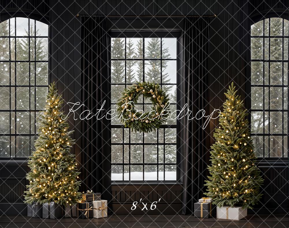 Kate Christmas Trees Retro Black Window Backdrop Designed by Emetselch