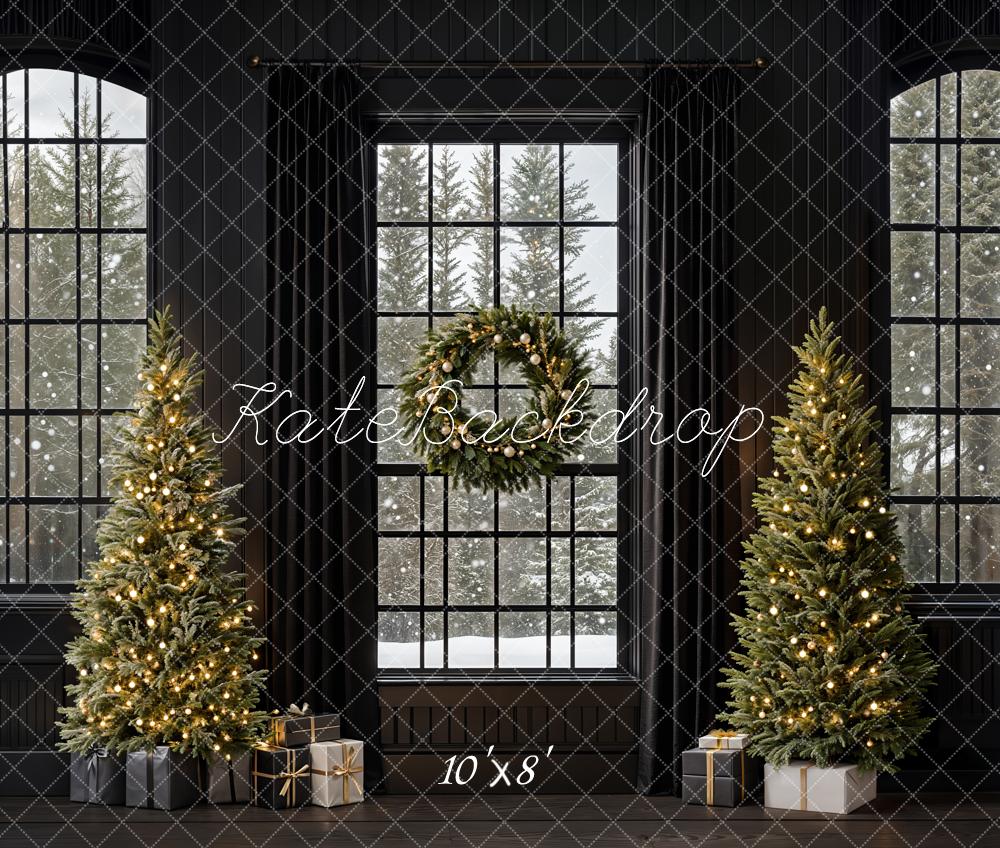 Kate Christmas Trees Retro Black Window Backdrop Designed by Emetselch