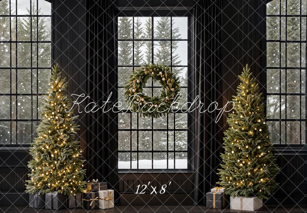 Kate Christmas Trees Retro Black Window Backdrop Designed by Emetselch