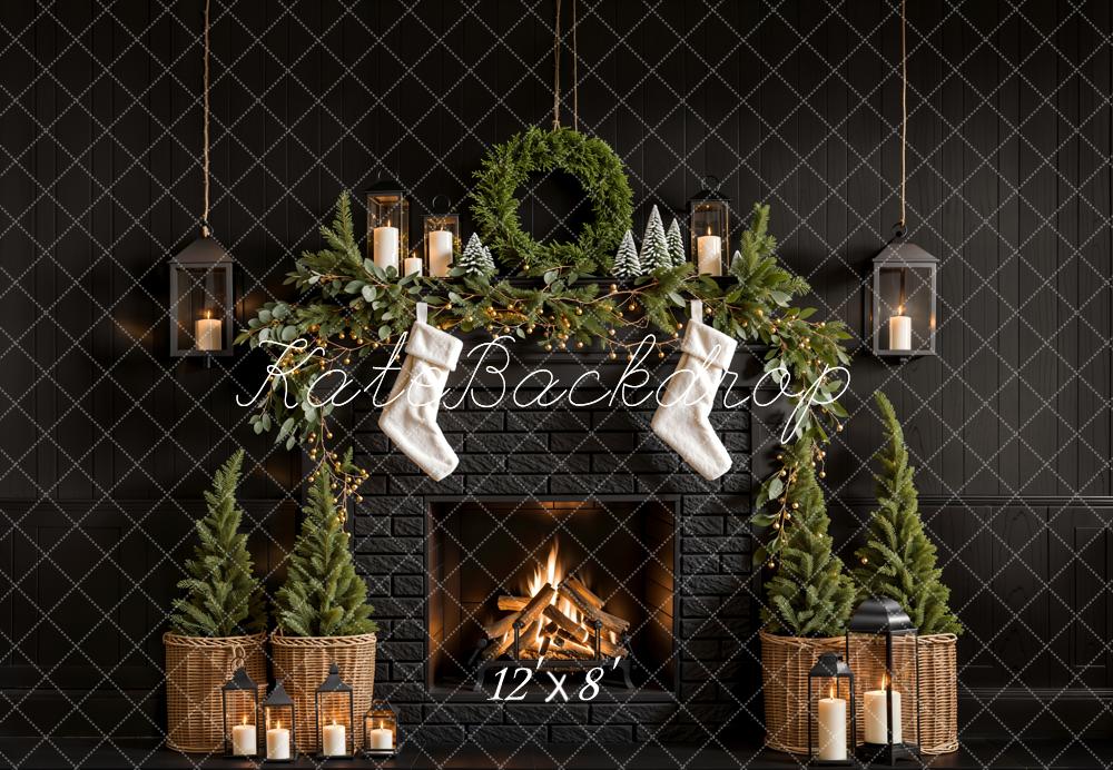 Fondo de pared negro de chimenea de árbol de Navidad diseñado por Emetselch