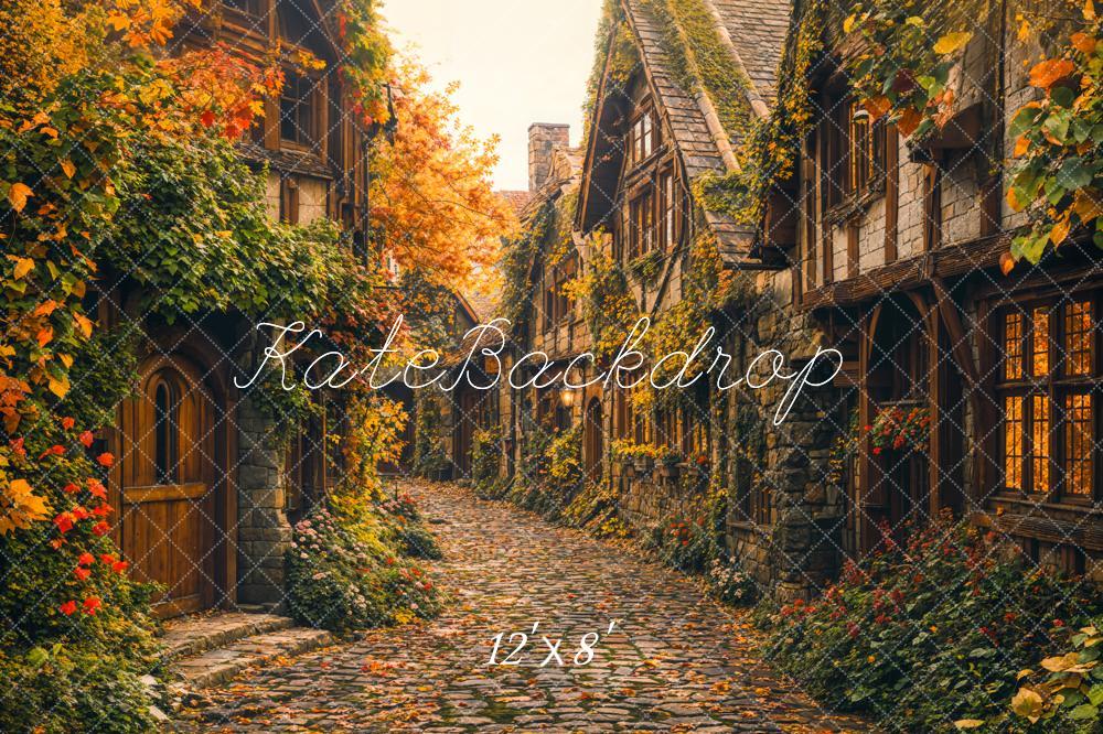 Fall Village Street Maple Leaves Foto Achtergrond Designed by Emetselch