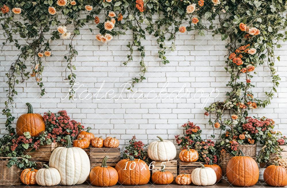 Kate Fall Pumpkins Floral Brick Wall Backdrop Designed by Emetselch