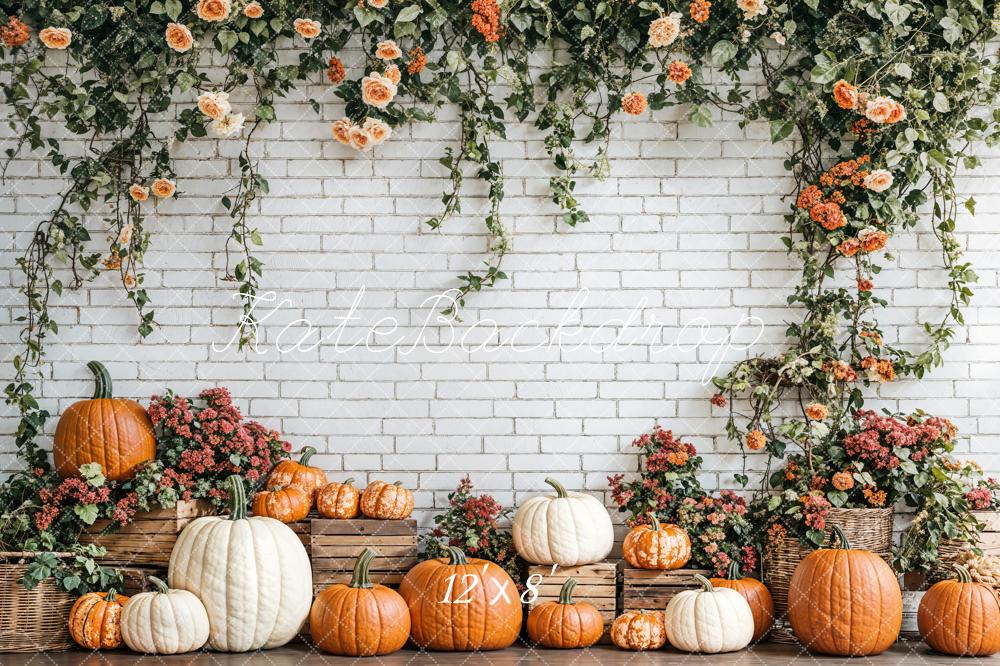 Kate Fall Pumpkins Floral Brick Wall Backdrop Designed by Emetselch