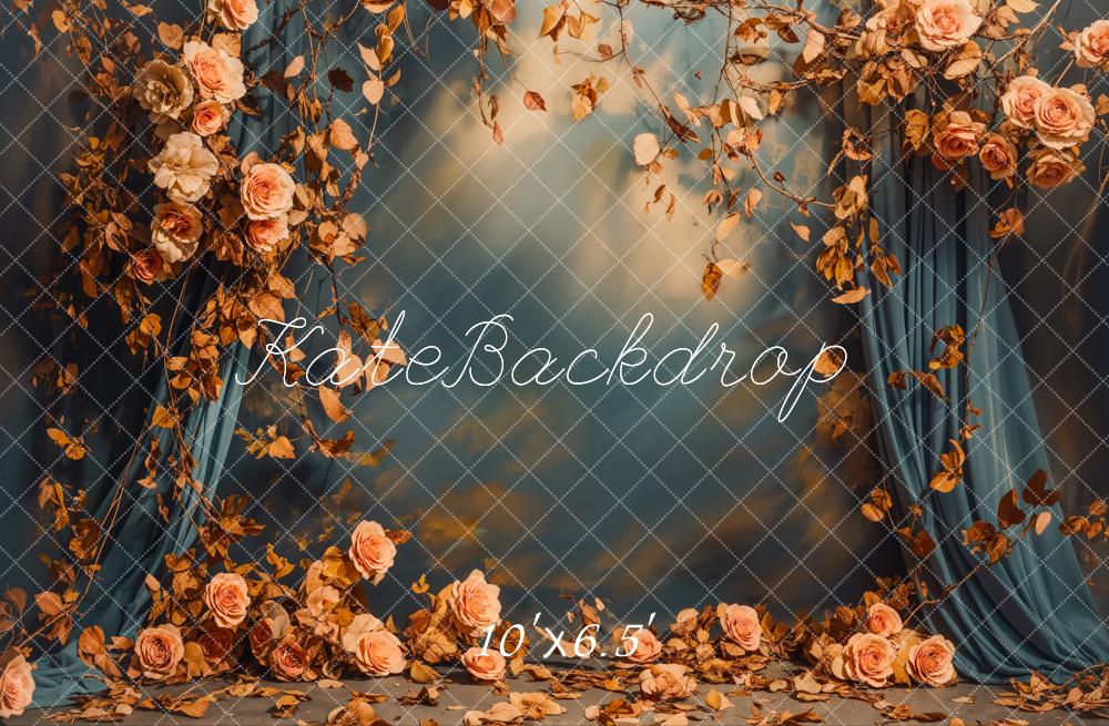 Kate Fall Floral Blue Curtains Backdrop Designed by Emetselch