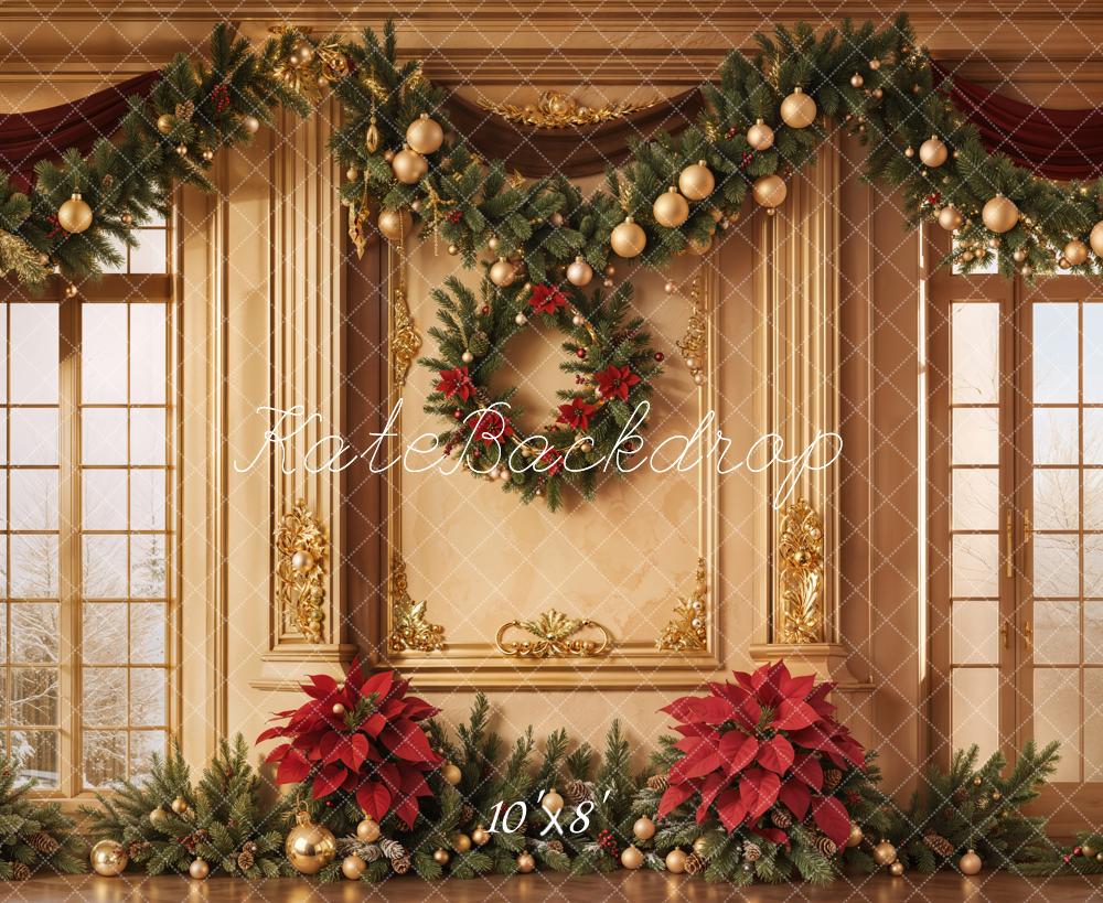 Kate Christmas Window Poinsettia Curtains Backdrop Designed by Emetselch