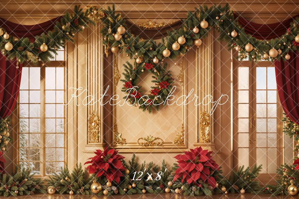 Kate Christmas Window Poinsettia Curtains Backdrop Designed by Emetselch