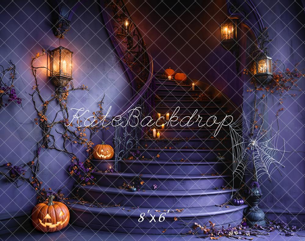 Kate Halloween Staircase Pumpkin Spider Web Backdrop Designed by Emetselch