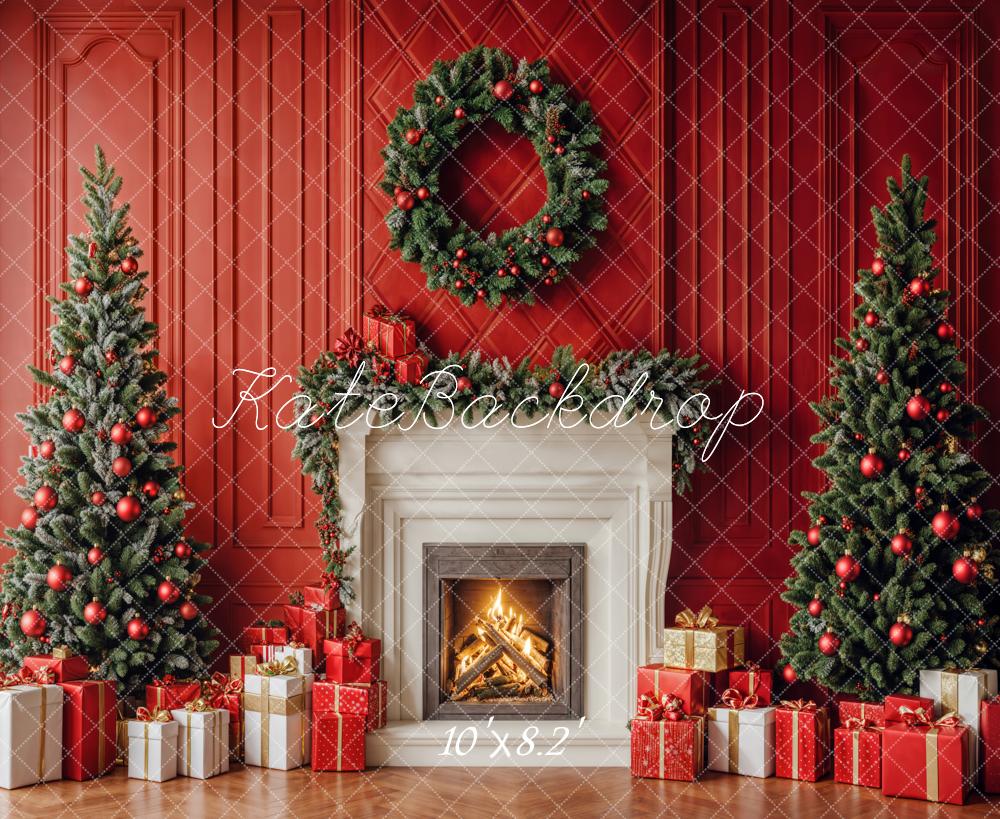 Kate Christmas Trees Fireplace Red Wall Backdrop Designed by Emetselch