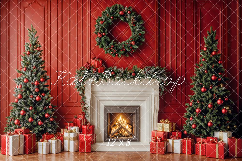 Kate Christmas Trees Fireplace Red Wall Backdrop Designed by Emetselch