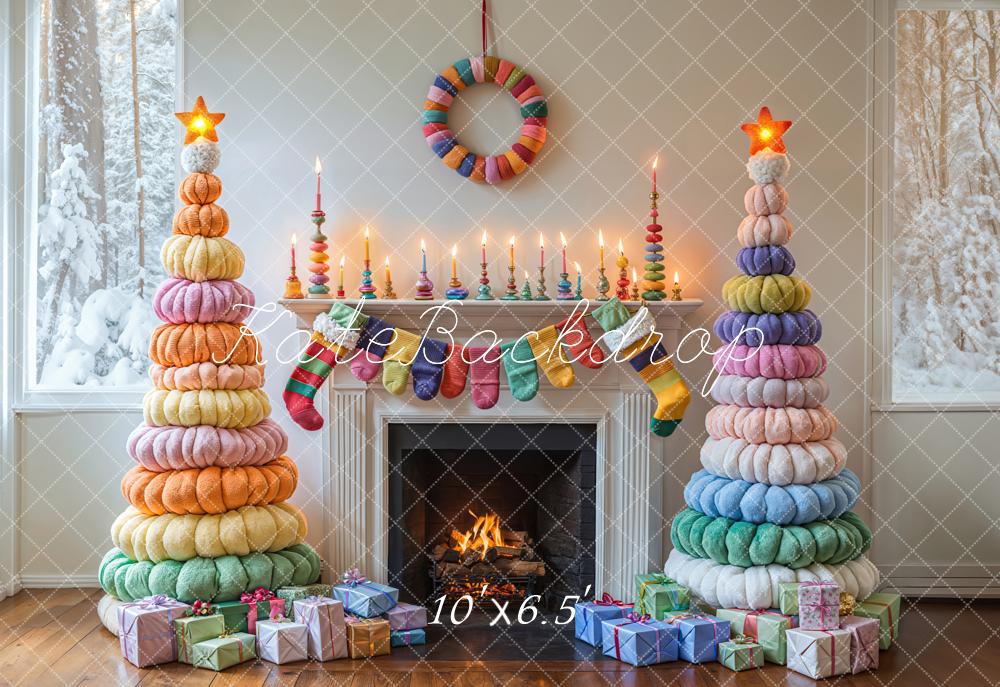 Kate Christmas Colorful Trees Fireplace Backdrop Designed by Emetselch