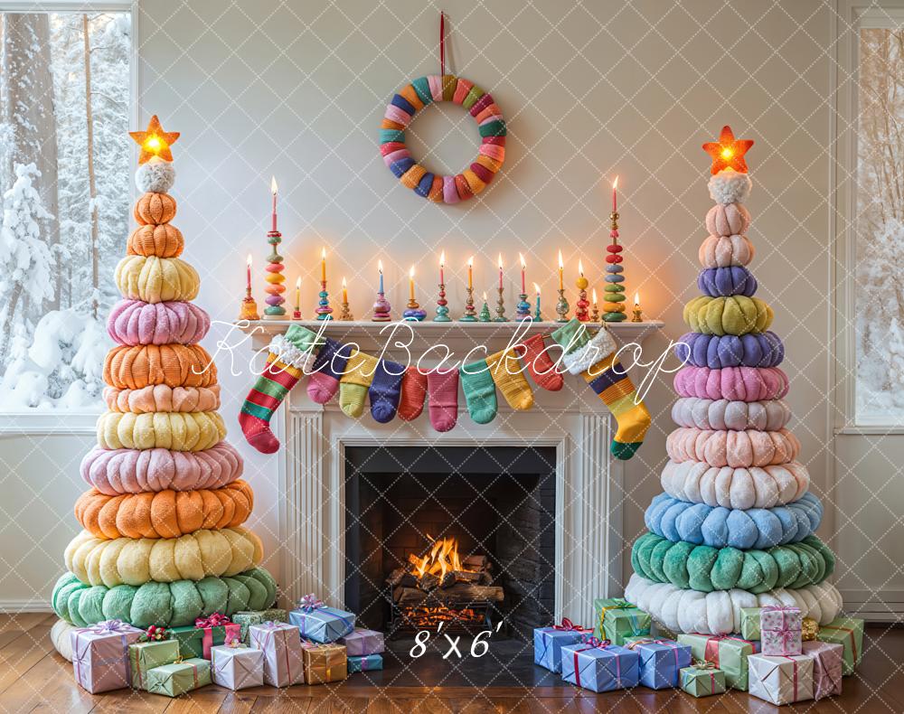 Kate Christmas Colorful Trees Fireplace Backdrop Designed by Emetselch