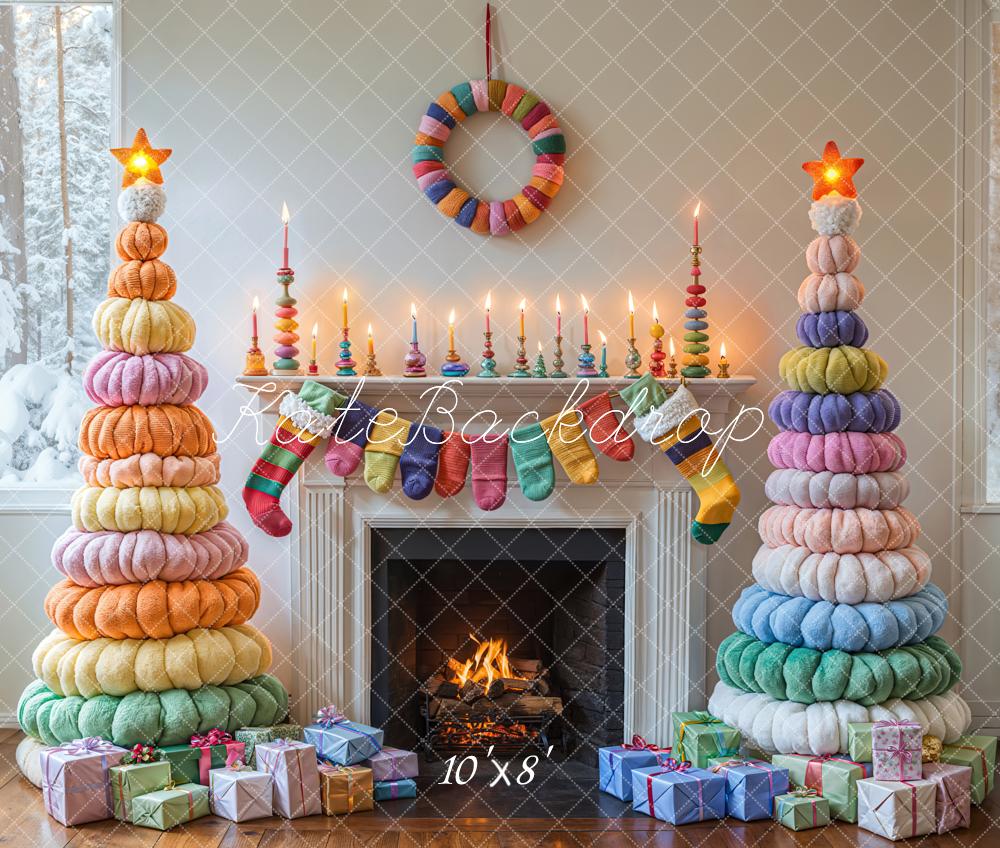 Kate Christmas Colorful Trees Fireplace Backdrop Designed by Emetselch