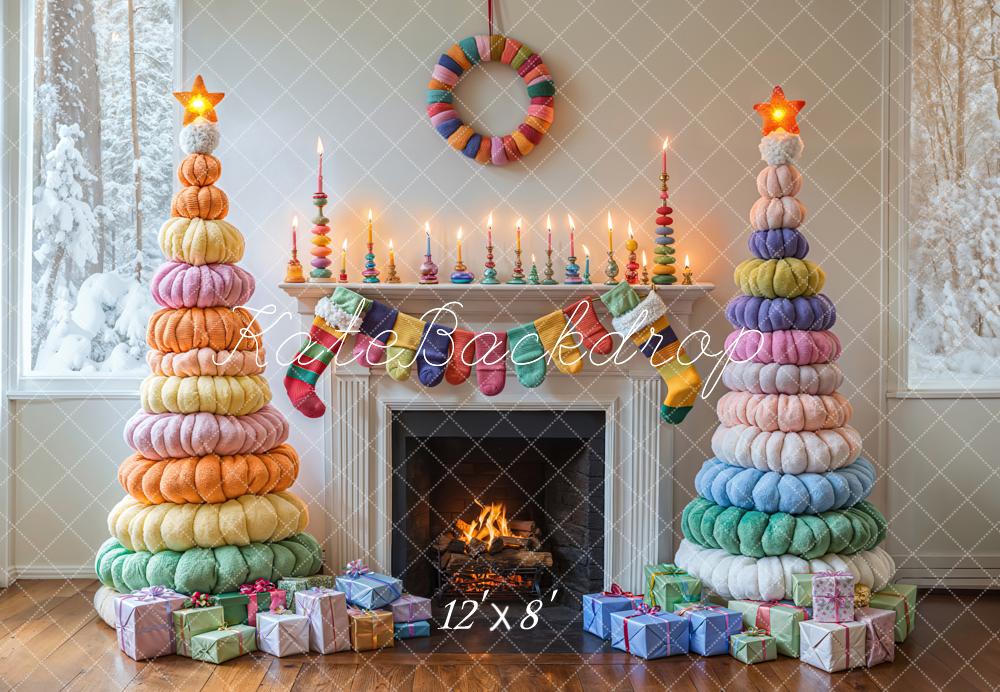 Kate Christmas Colorful Trees Fireplace Backdrop Designed by Emetselch