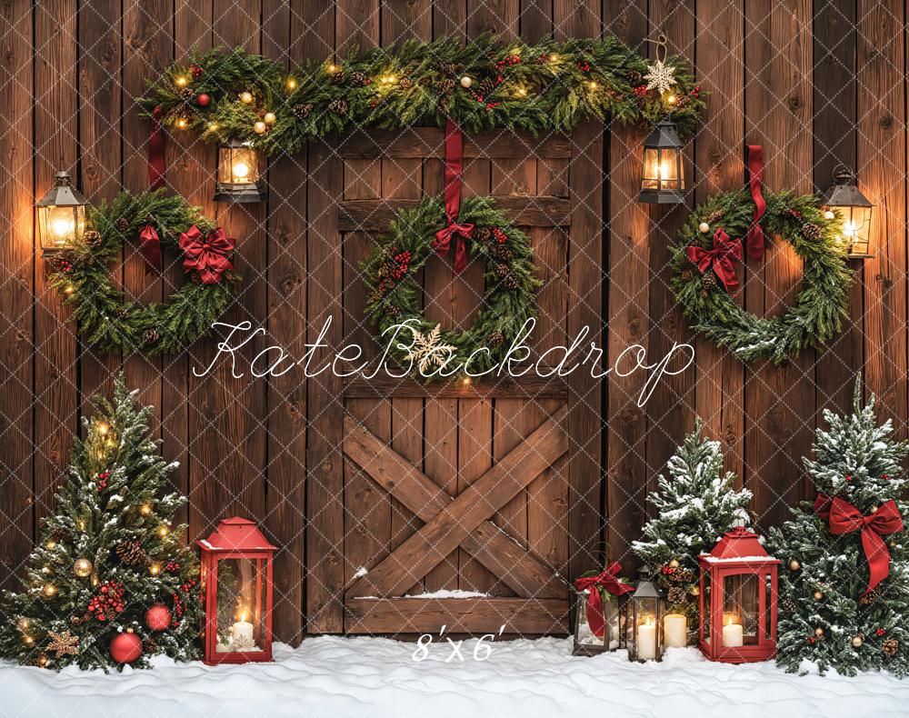 Christmas Brown Wood Door Wreaths Foto Achtergrond Designed by Emetselch