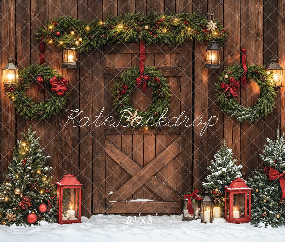 Christmas Brown Wood Door Wreaths Foto Achtergrond Designed by Emetselch