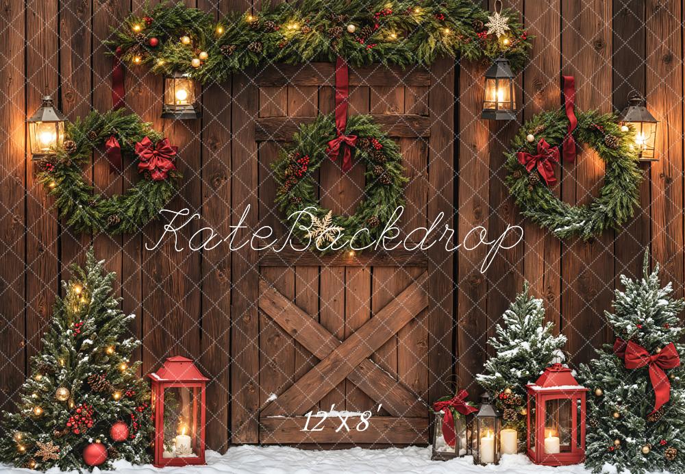 Kate Christmas Brown Wood Door Wreaths Backdrop Designed by Emetselch