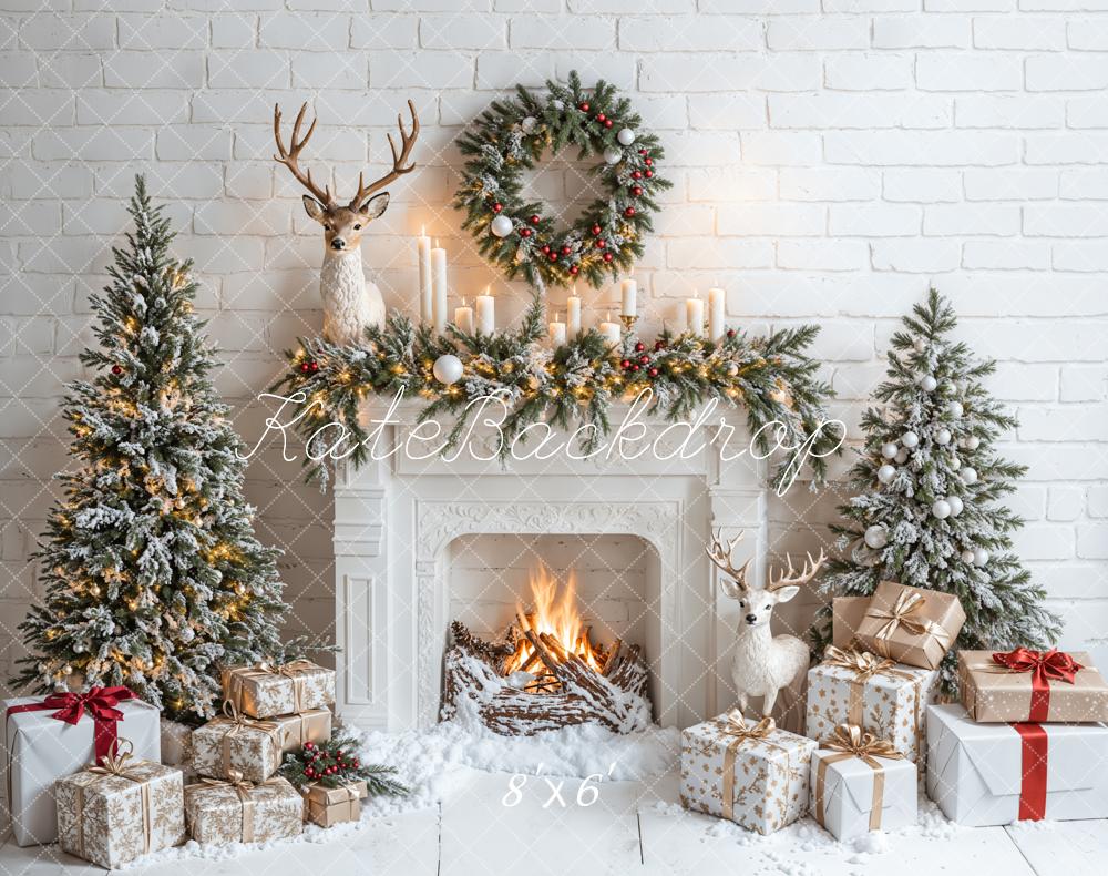 Kate Christmas White Fireplace Gift Tree Backdrop Designed by Emetselch