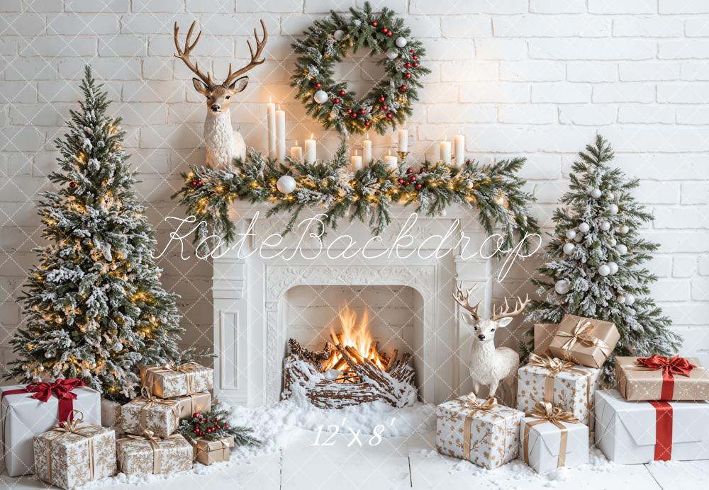 Kate Christmas White Fireplace Gift Tree Backdrop Designed by Emetselch